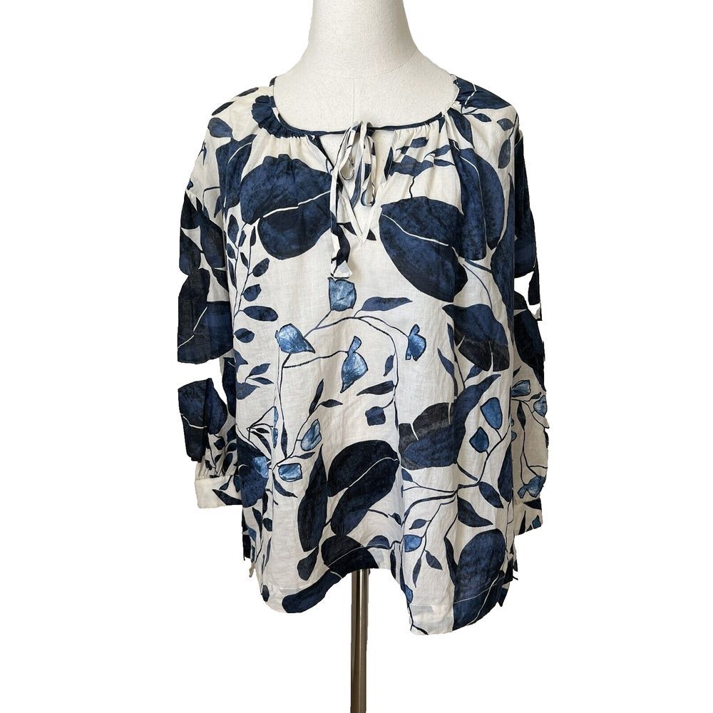 0039 Italy Women's Size Small‎ Janice blue Leaves Tunic Blouse Lightweight Top